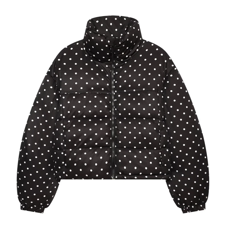 2026 Winter Women's Short Puff Jacket, Stand Collar Zipper, Thick and Warm Coat, Women's Casual Polka Dot/Solid Color Jacket