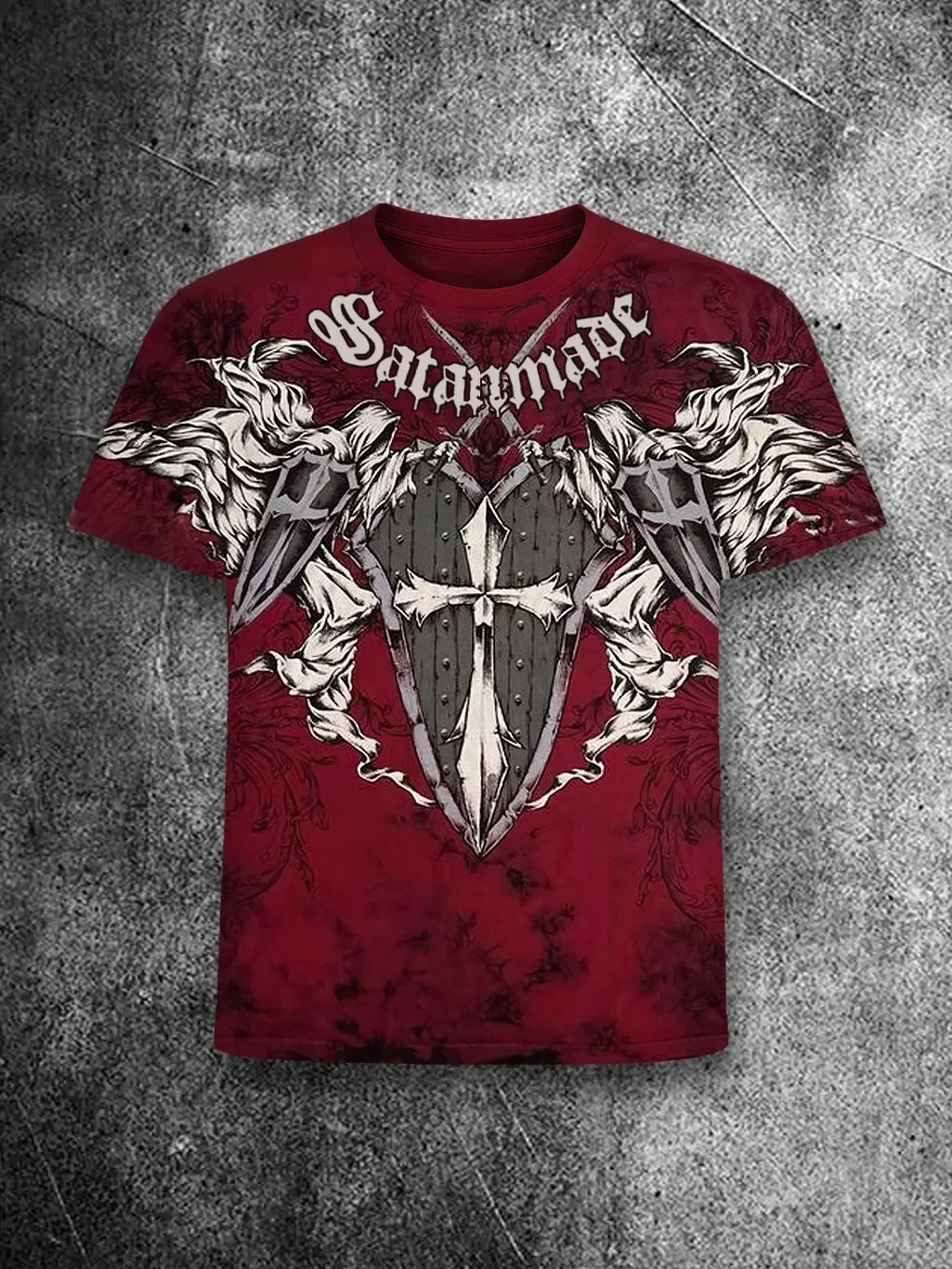 Gothic Style Heavy Metal Wine Red T-shirt with Wings, Knight Shield Print, Alternative Heavy Metal Style T-shirt