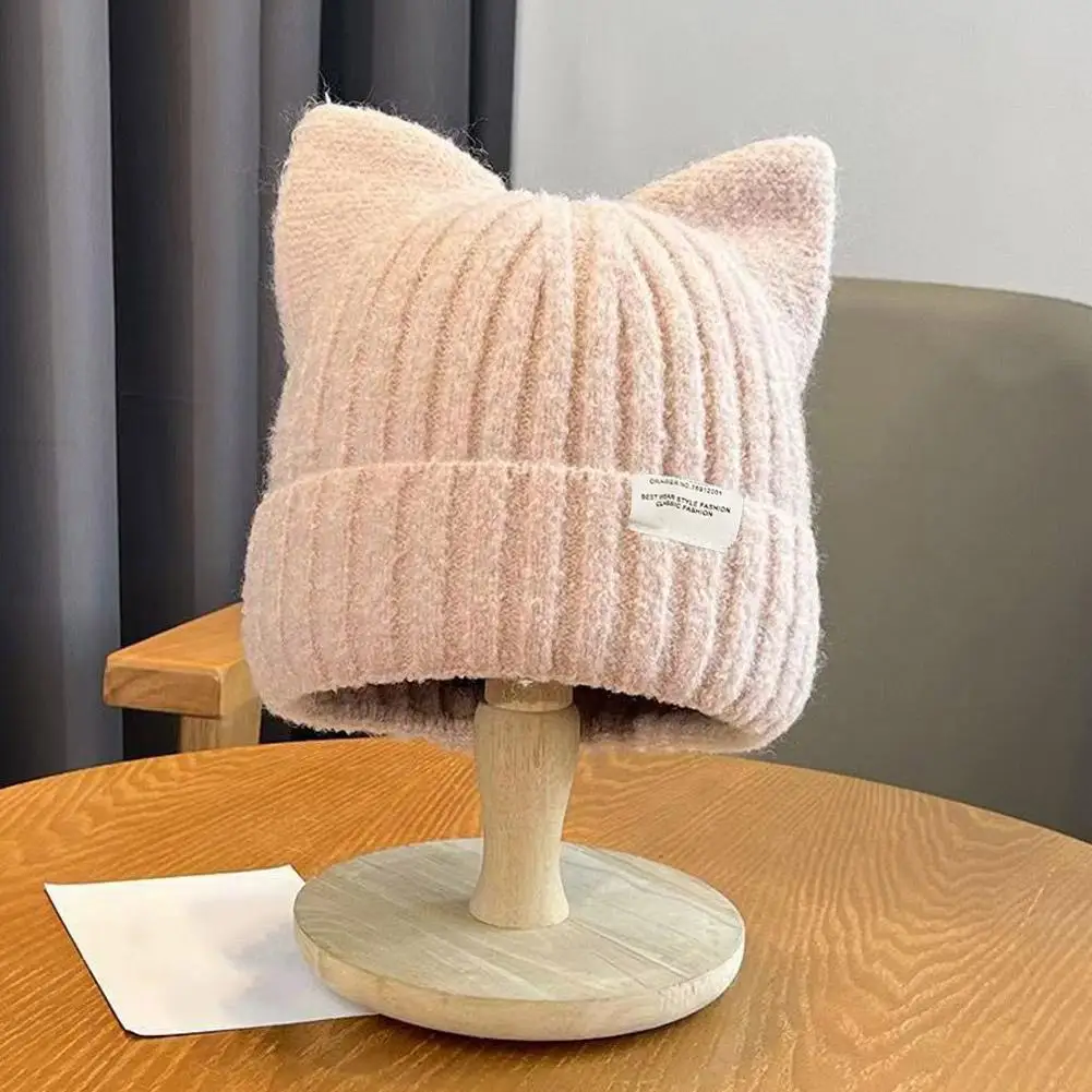 Cat Ear Beanie for Women And Girls Knit Cuff Hip Hop Hat Autumn Winter Warm Crochet Ski Cap 6 Colors Available