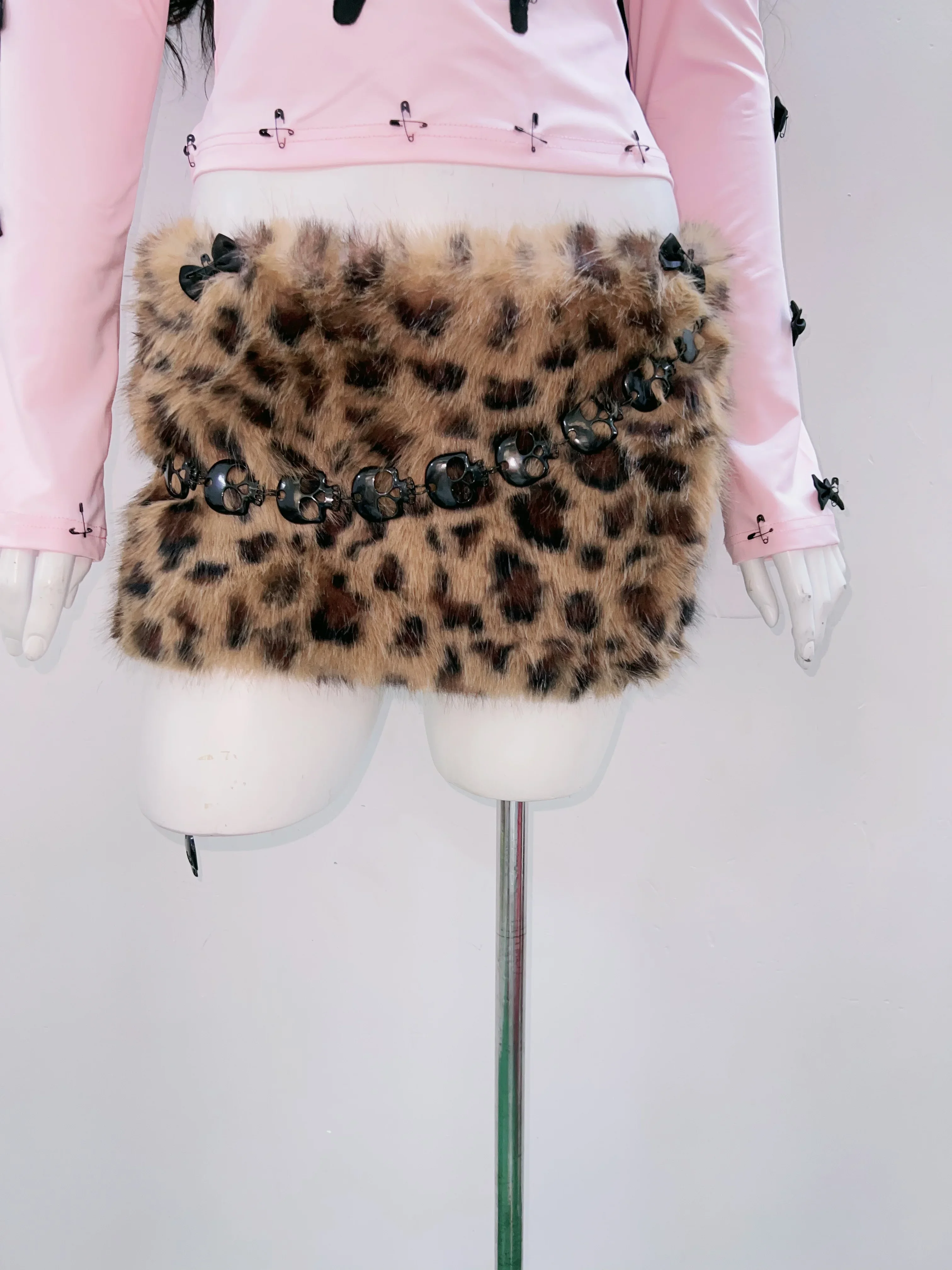 Japanese Y2K Leopard Furry 2-piece Set Off Shoulder Skull Print Pink Long Sleeve Top Mini Skirt Punk Harajuku Gothic Cosplay Set