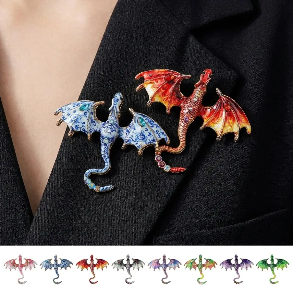 Zinc Alloy Enamel Flying Dragon Brooch Fantasy Dragon Colorful Rhinestone Animal Dragon Brooch Chinese Blue Porcelain Gothic