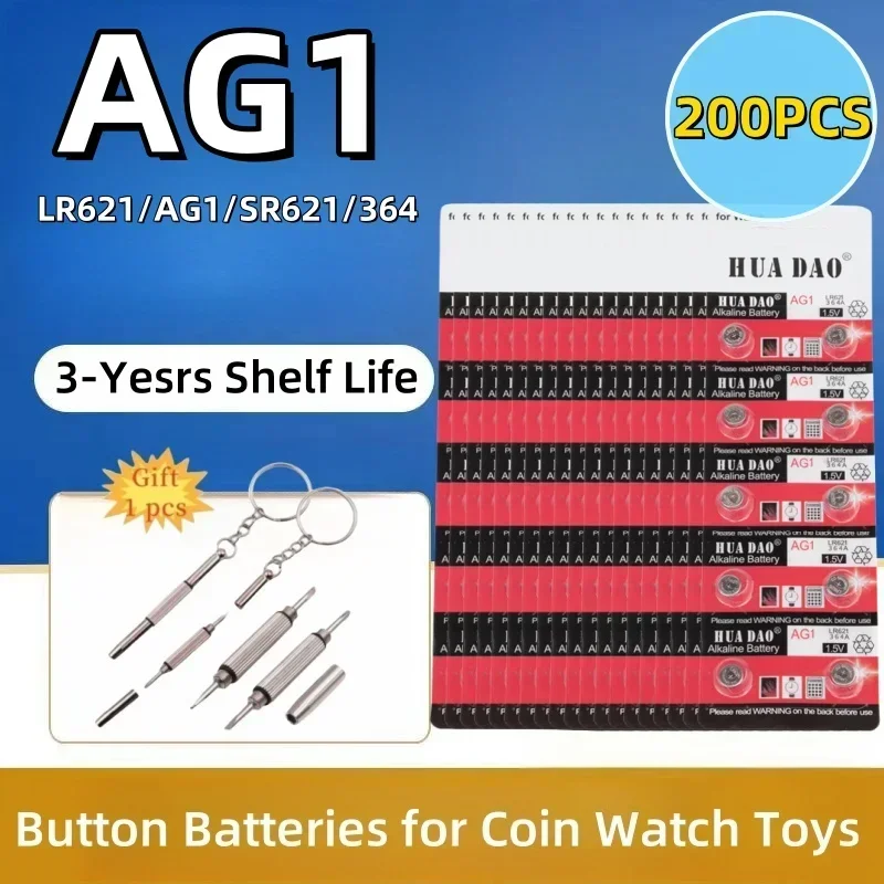 

New200PCS AG1 LR621 1.55V Alkaline Button Battery, 164 SR60 363 SR621SW 364 621 SR621 L621 CX60 Coin Cell for Watch Clock Remote