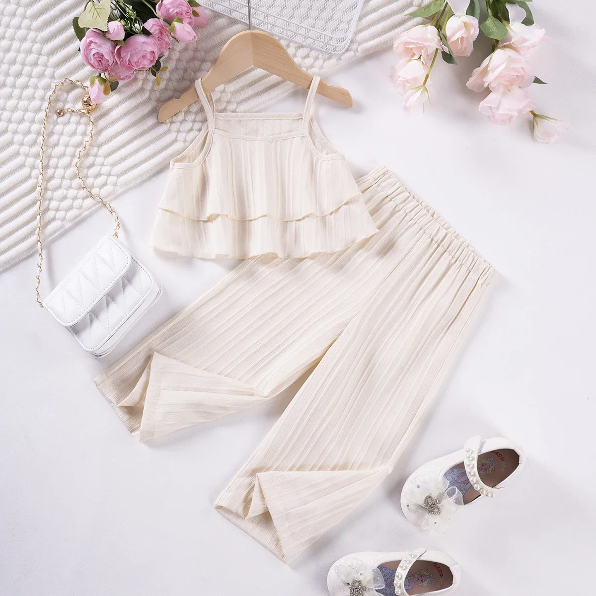 Girls Solid Suspenders Summer Suspenders Ruffle Wide Leg Pants 2 Pieces Clothes Set Rose Red Cute Elegant Baby Clothes