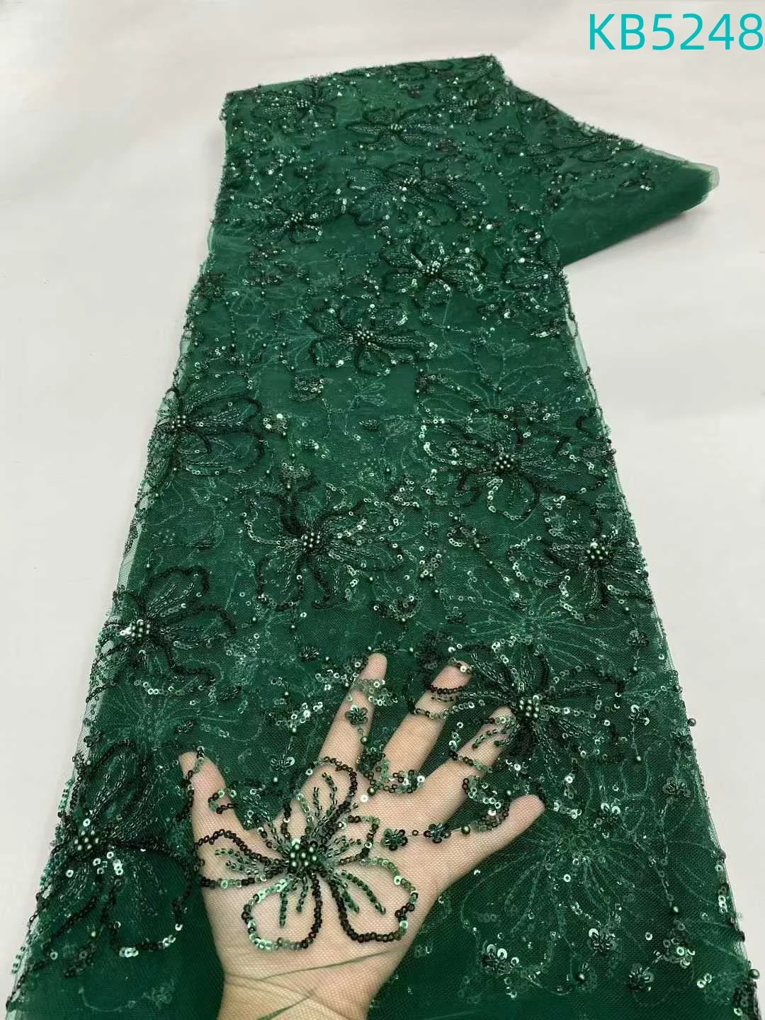 African Fabric Lace High Quality 2025 Green Beaded Dubai Embroidery Fabric 5 Yards Sequence Lace Trim For Wedding Dress KB5248