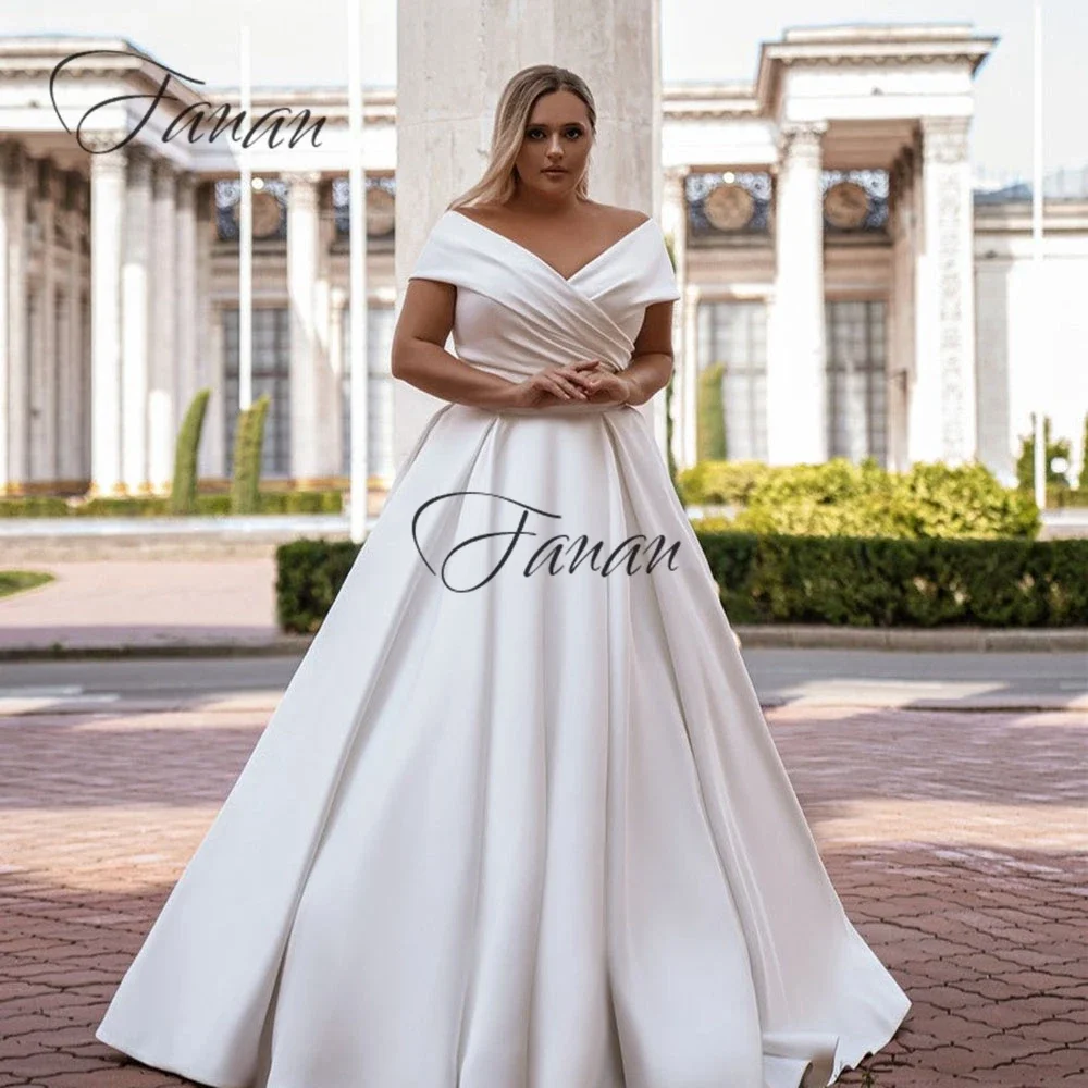 Simple Off The Shoulder Wedding Dresses Satin Sweep Train Long Bride Dress For Women Pleated Backless  Gowns Plus Size