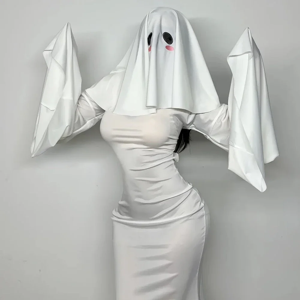 Halloween Female Ghost Cosplay Costume Scare Face Mask Cape Scream Outfit Adult Women Sexy Slim Fishtail Dress Clothes