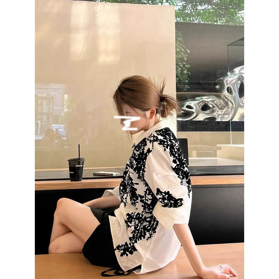 Dames simplicité élégant Patchwork brodé col rabattu à manches longues Blouse automne tempérament boutons Cardigan chemises