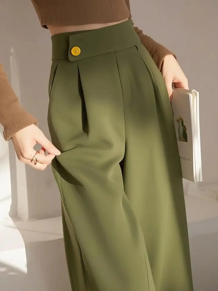 High end slimming suit straight leg pants for women's spring new high waisted narrow  green loose wide leg pants