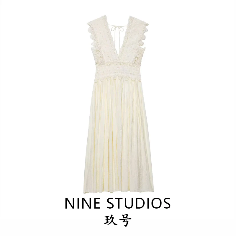 Vestido largo e de encaje con cuello en V y cinturón, vestido ter para mujer, versión H, mezcla de aodón, vestido...