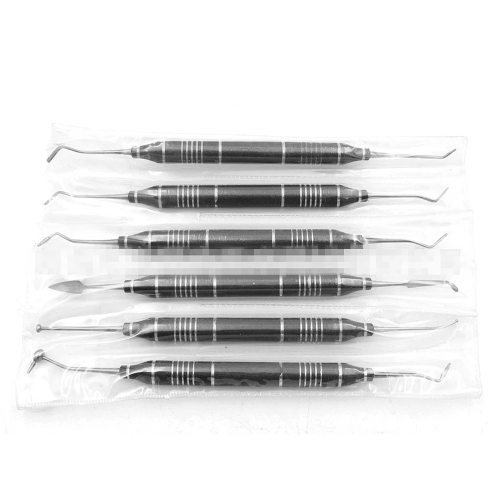 

6pcs Dental Composite Resin Filling Spatula Black Handle Titanium Plated Head Resin Filler Restoration Set
