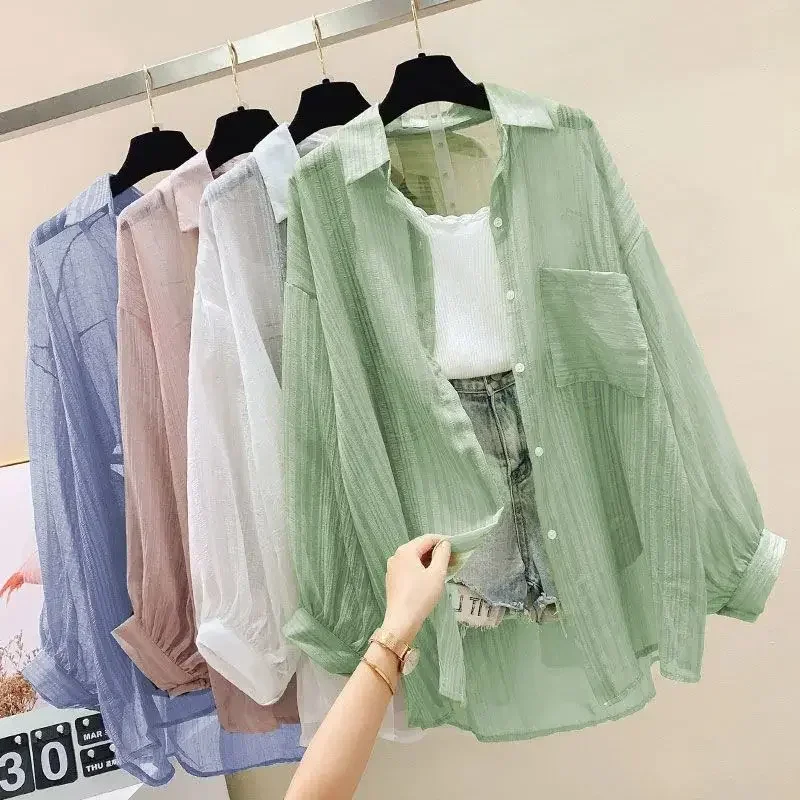 

Summer Sunscreen Shirt Elegant Perspective Thin Chiffon Blouse Korean Harajuku See Through Loose Top New Casual Women's Cardigan
