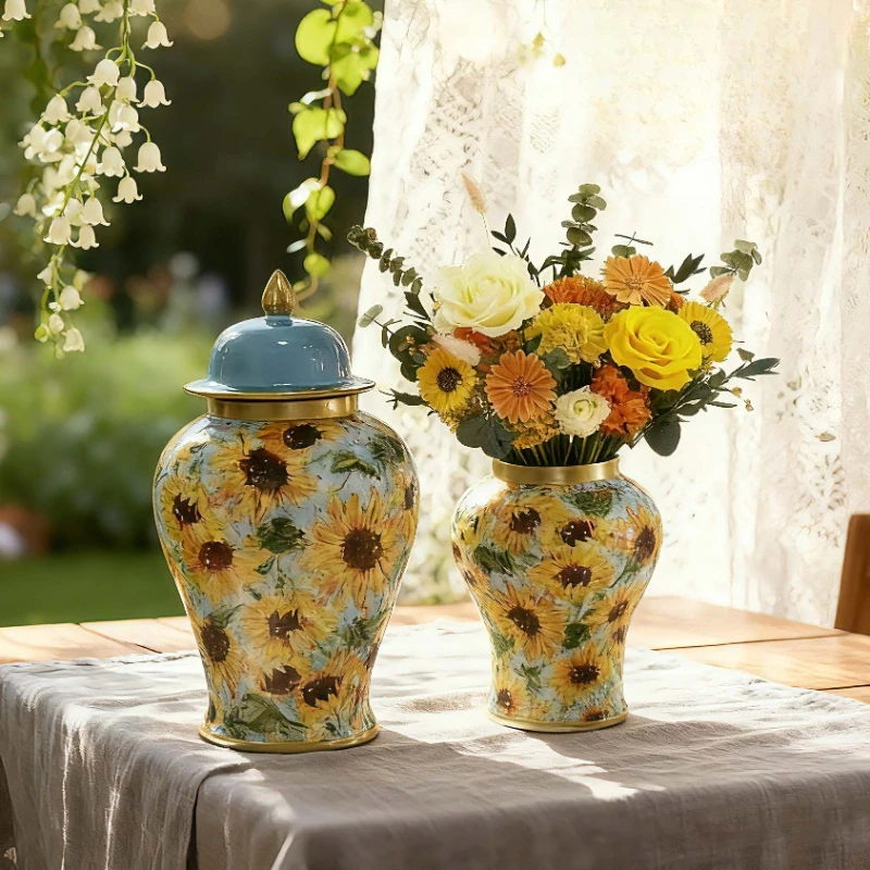 Retro pastoral enamel color tea can ceramic general jar ornament high-end large flower insert handicraft decorative art
