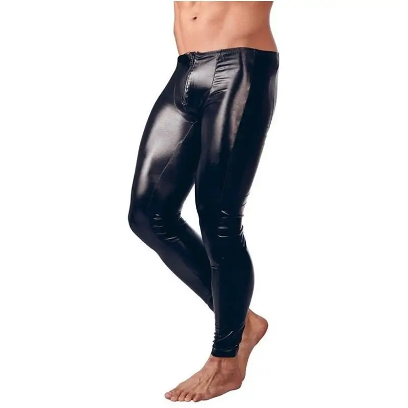 Men Black PU Leather Pants  Long  Sexy Underwear