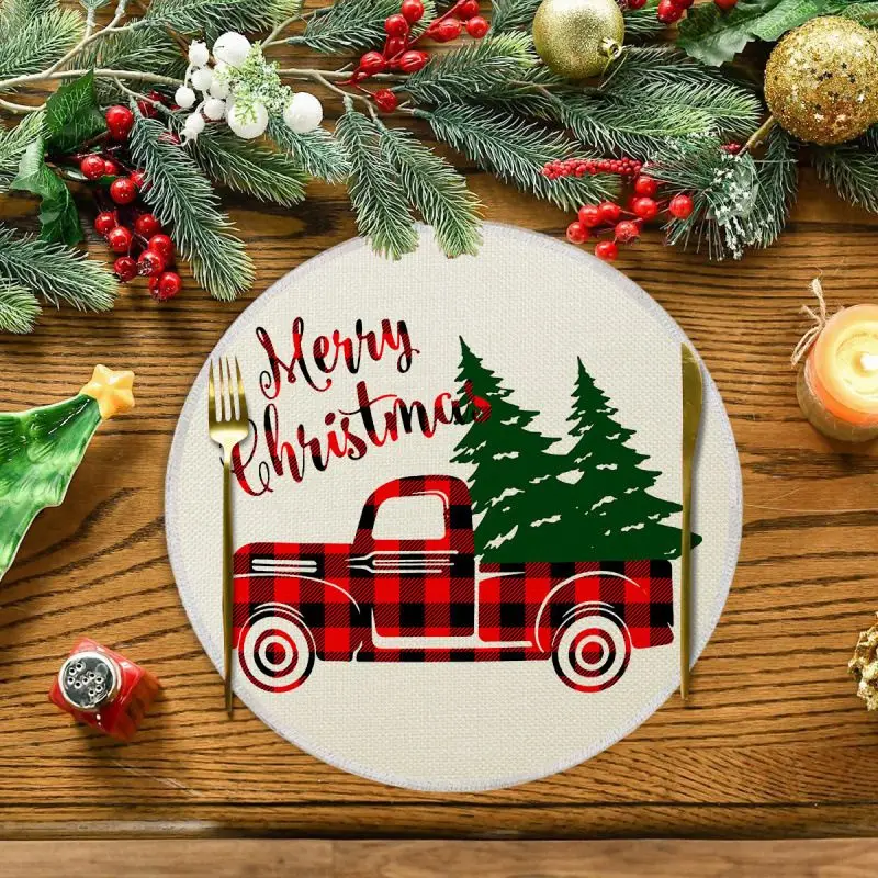 VIKAMA Cream Holiday Tree Cluster Round Placemat Black Red Fir Star Merry Text Farmhouse Xmas Table Mat Bold Art Soft Durable