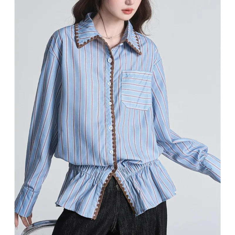 

SuperAen Korean Design Contrasting Color Striped Long-sleeved Shirt Top Women's Spring Chic Loose Shirt