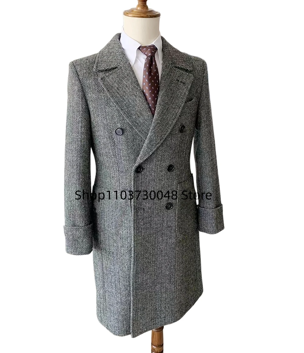 

Formal Winter Men Trench Coat Long Gray Herringbone Wool Blend Double Breasted Suit Jackets Groomsman Overcoat Casual Man Blazer
