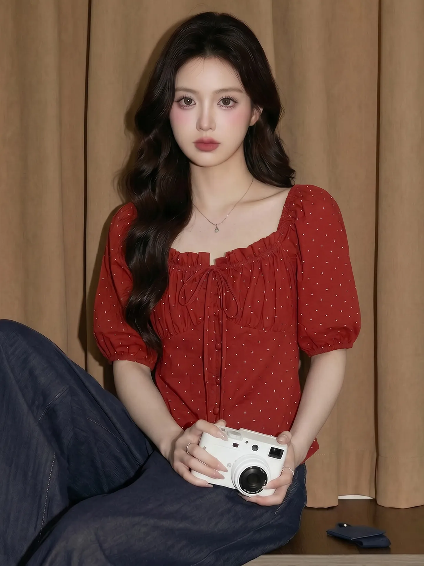 

Red Polka Dot Cotton Linen Short Sleeve Women's Summer Shirt Doll Style Bubble Sleeve Top Commute Korean Style Printed Polyester