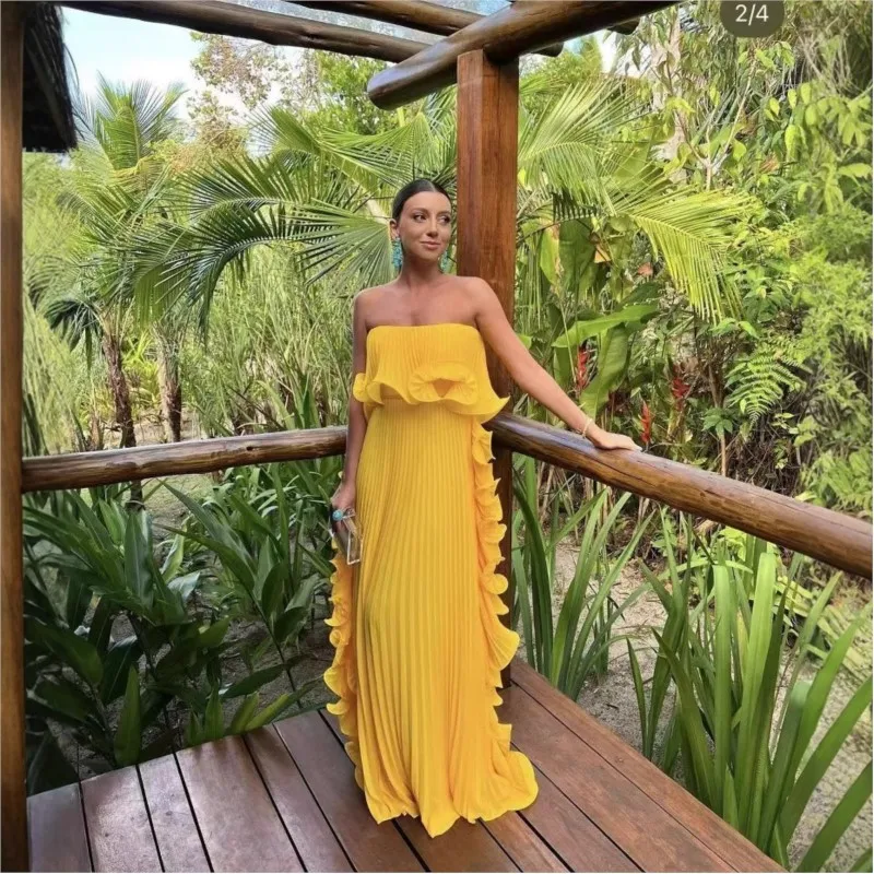 Trendy Women Summer Holiday Dress Orange Pleated Chiffon Long Formal Dresses Custom Made Ruffled Strapless Beach Party Dress