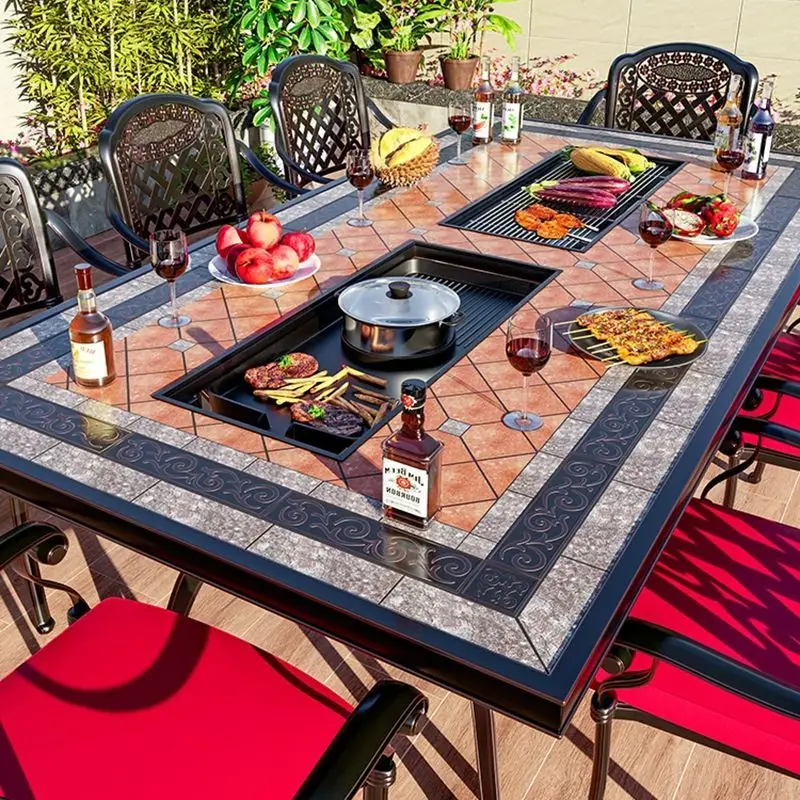 Garden cast aluminum tables and chairs, rainproof wrought iron charcoal grilled rectangular barbecue table