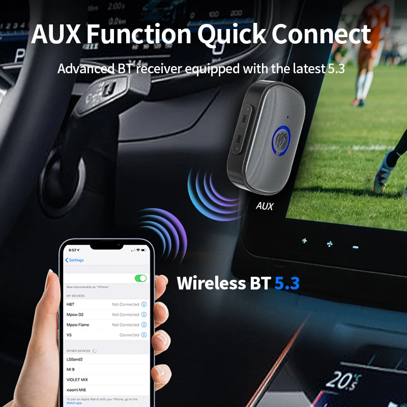 자동차 무선 오디오 수신기 블루투스 5.3 송신기 3.5mm AUX 무선 오디오 어댑터 자동차 음악 스피커 용 무선 오디오