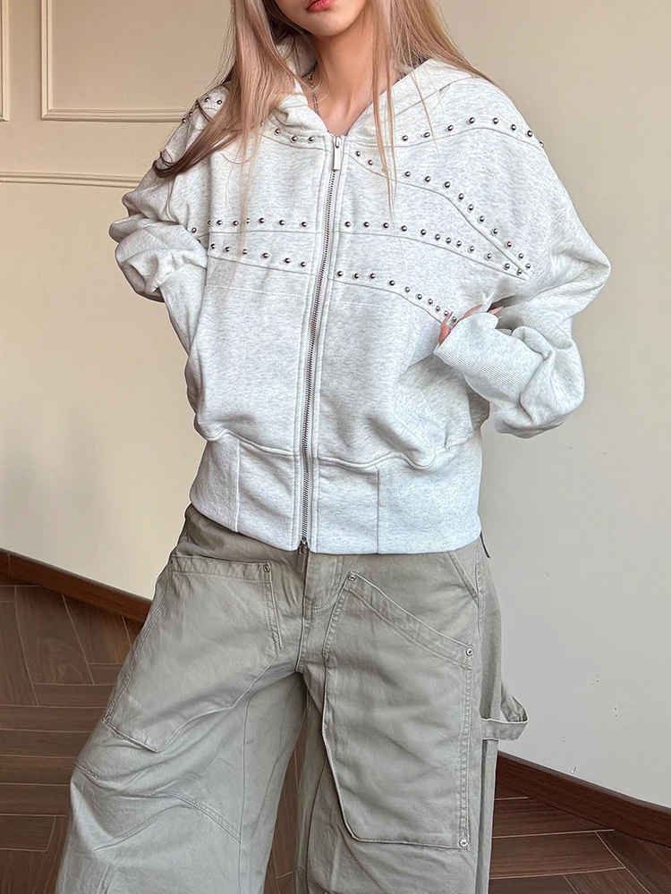 Modischer dunkelgrauer Zip-Hoodie für Damen, schick gewaschen, mit Metallnieten-Verzierung, langärmelige Kapuzenjacke, Herbst, Damen-Streetwear für den Alltag 2026 – Detail 10