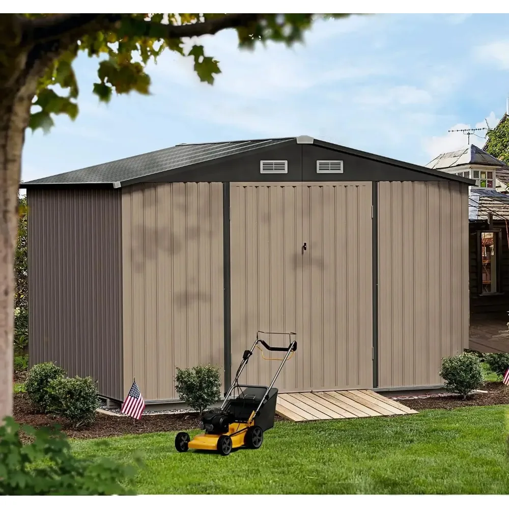 Spacious Outdoor Storage Shed,3x5/6x8/8x10FT,Durable and Stable, Garbage Can,Outdoor Metal Shed for Tool,Garden,Bike, Brown