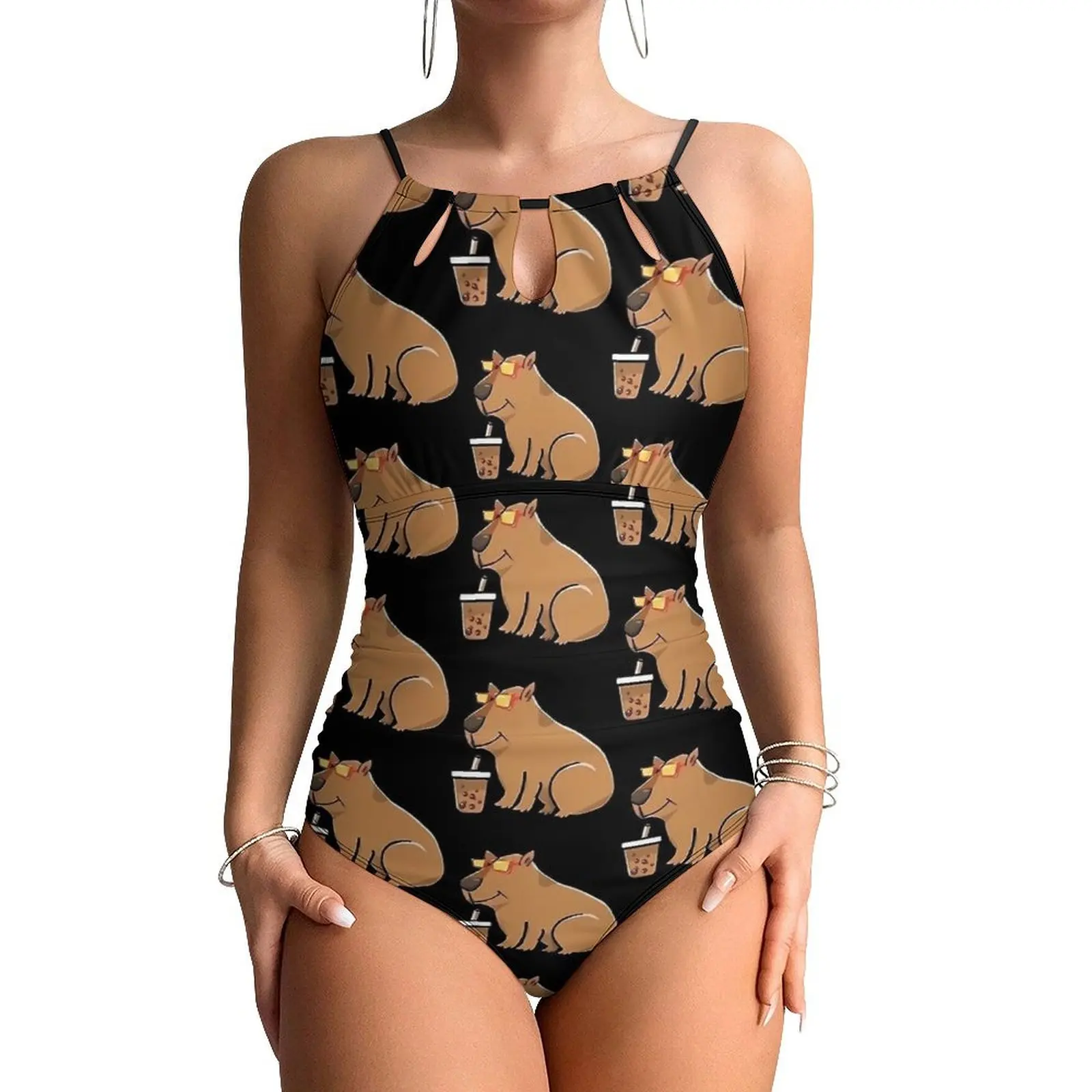 Cute Capybara Boba With Sunglasses And Bubble Tea Swimsuit Sexy  One Piece Swimwear Push Up Bodysuit Modern Sport Beach Wear