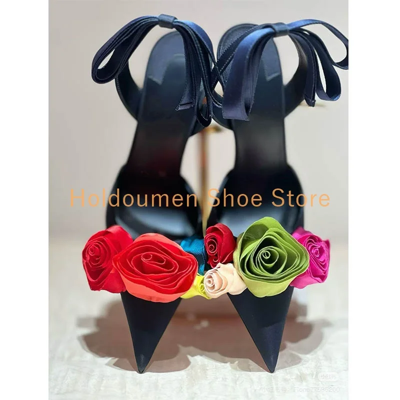 

Summer Colorful Floral Patchwork Design Stilettos Wrapped Pointed Toe Dark Blue Satin Sandal Elegant Slingback Ankle Strap Sanda
