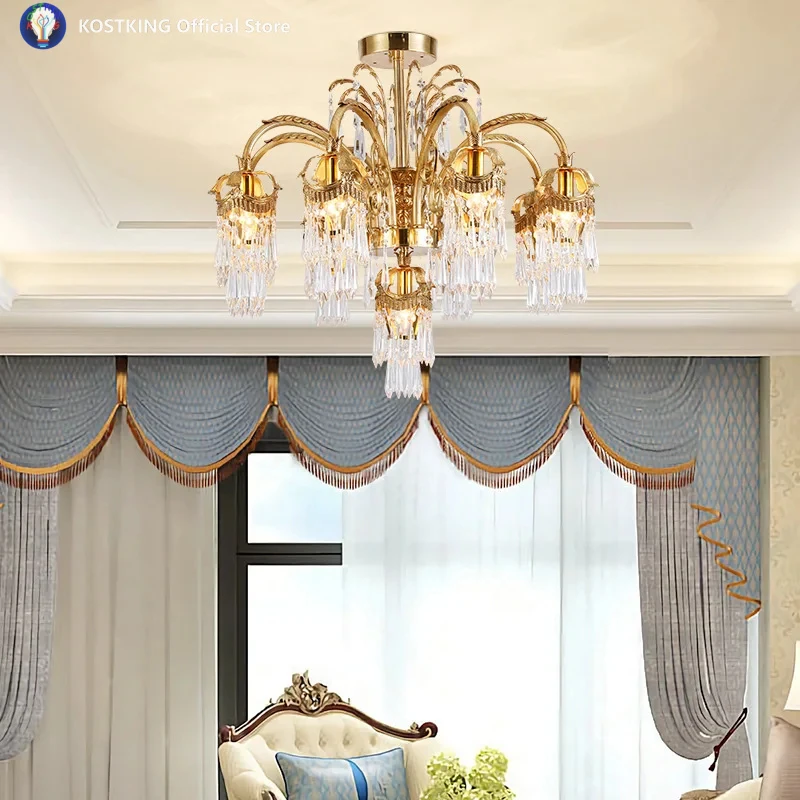 European Style Full Copper Home Crystal Ceiling Lamp Living Dining Study Hotel Bedroom Decoration Pendent Light