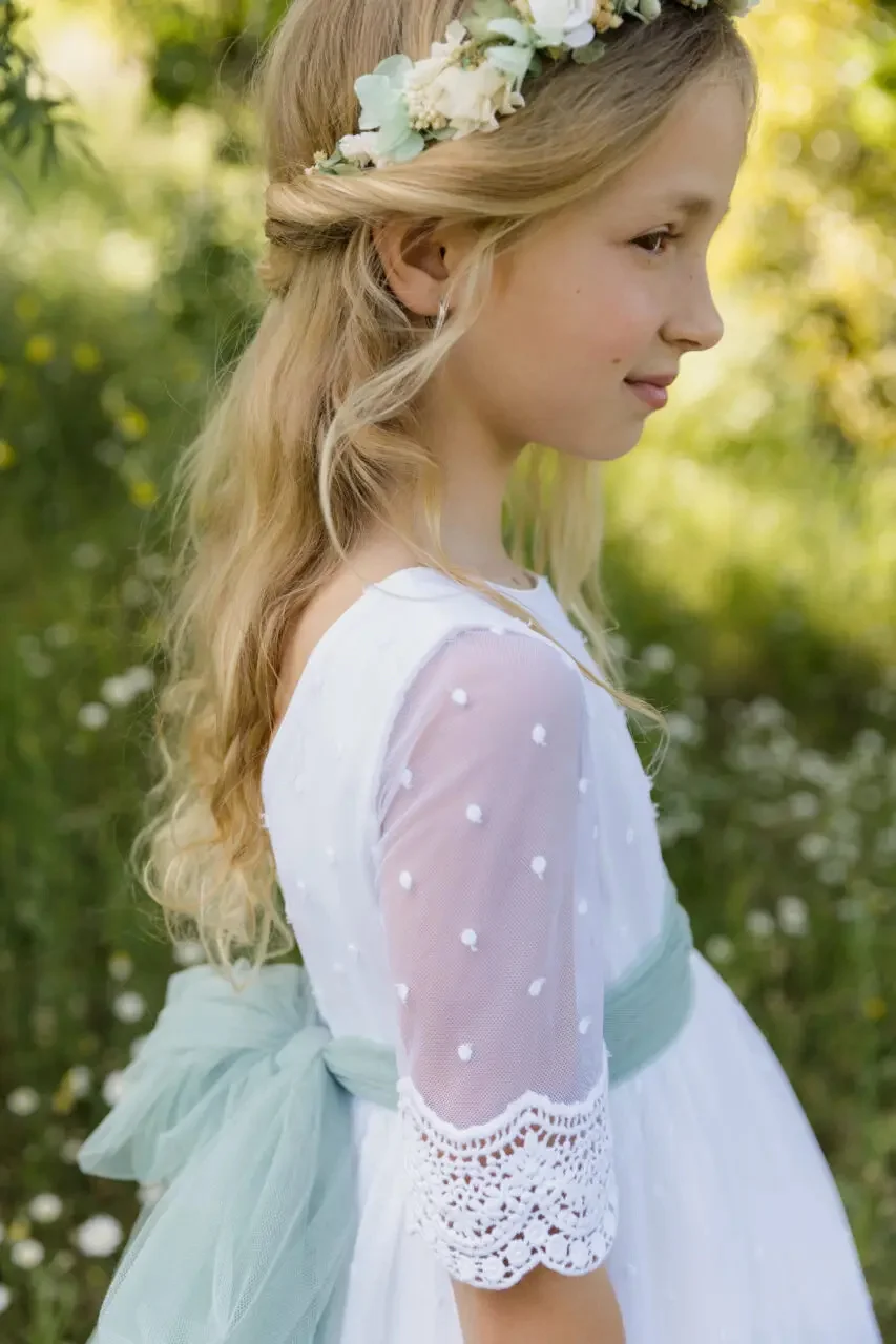 فستان فتاة الزهور ببساطة لحفلات الزفاف نصف كم مع فيونكة بطول الأرض فستان الأميرة لحفلات أعياد الميلاد وحفلات التواصل الأول