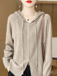 Autumn Winter 100% Merino Wool Sweater Cardigan Women's Hooded Zippers Raglan Sleeve Cashmere Knitwear Casual Chic Clothing Tops