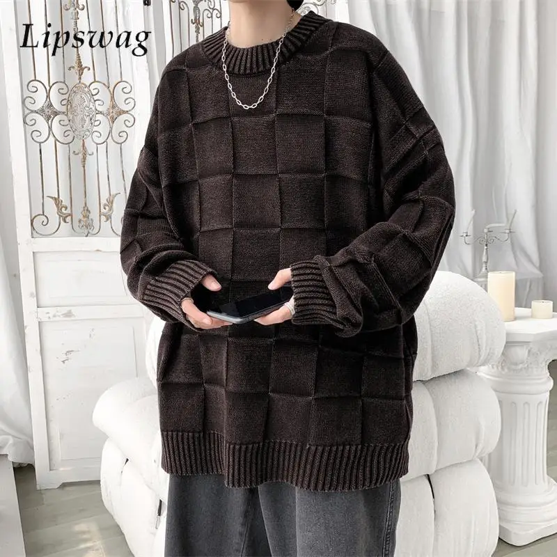 W stylu Vintage w kratę sweter żakardowy męskie bluzki z dzianiny prążkowane swetry wycięcie pod szyją z długim rękawem męskie i damskie modne ciuchy Unisex