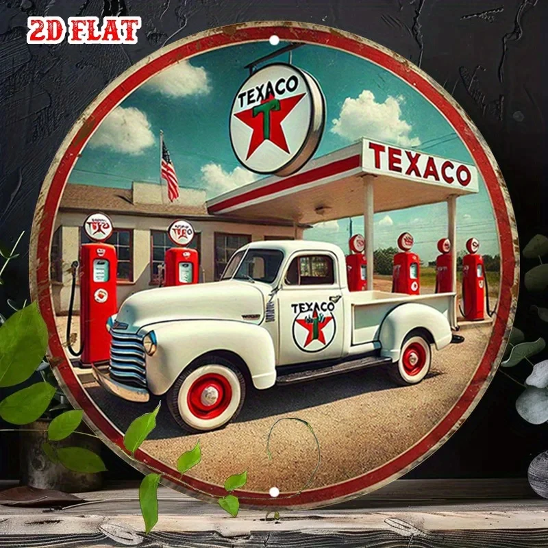 Hd Tin Sign Retro Texaco Gas Station Pickup Truck Round Metal Wall Art Vintage Garage Decoration