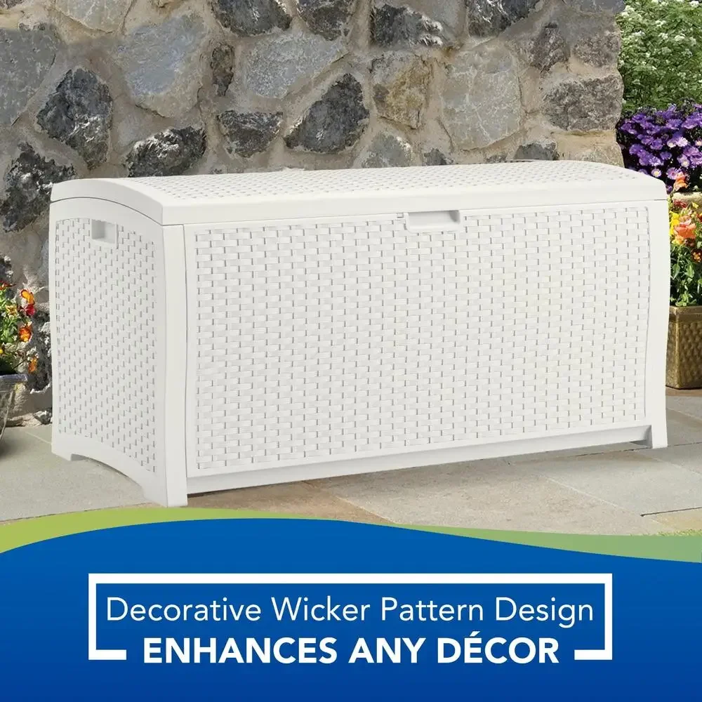 99 Gallon White Resin Wicker Deck Box Outdoor Storage Organizer Garden Pool Patio Safe Lockable Lid Easy Assembly Handles