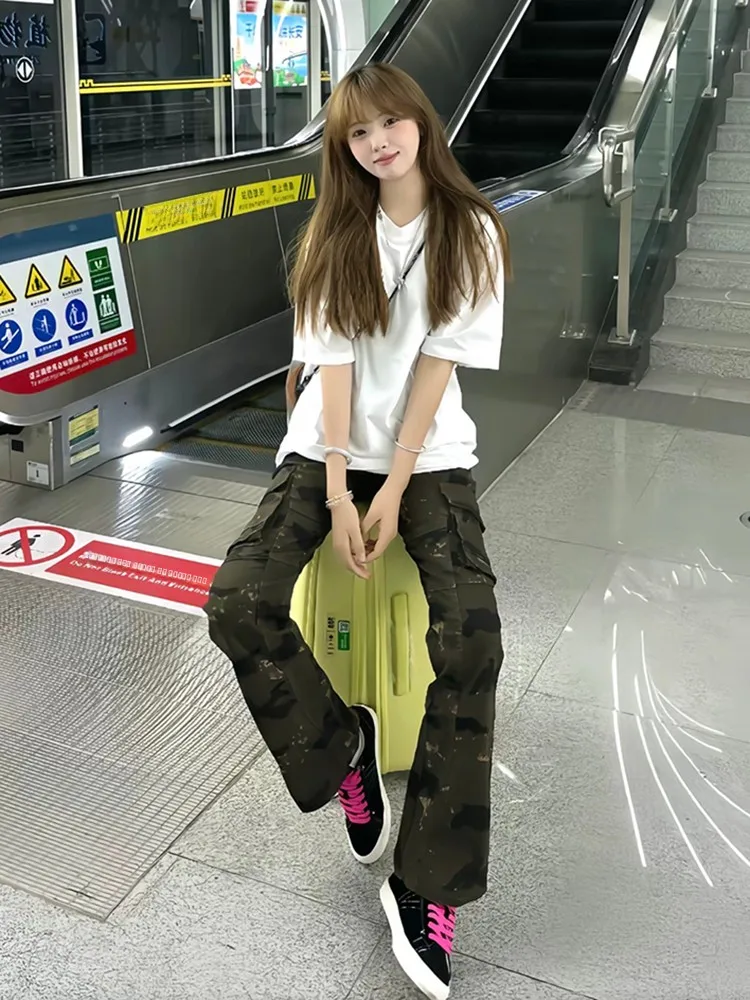 American High Street Vibe Flared Denim Jeans Women's Multi-ket Logging Work Pants Small Size Straight Leg  Hoof Long ...