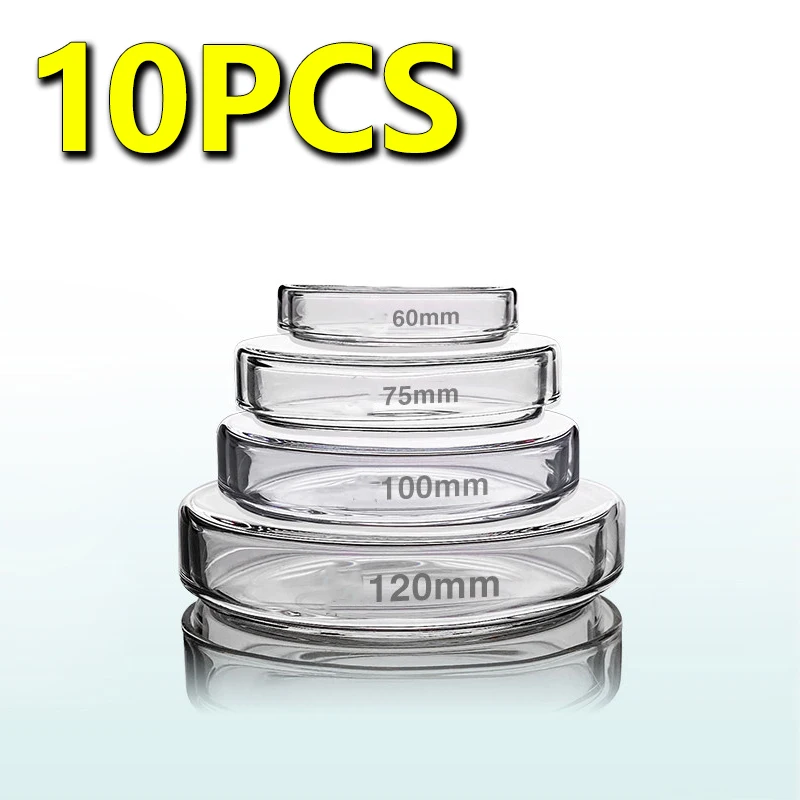 10 pieces of glass Petri dishes 60/75/90/100/120/150mm high borosilicate, bacterial culture flat dishes with lids, thickened