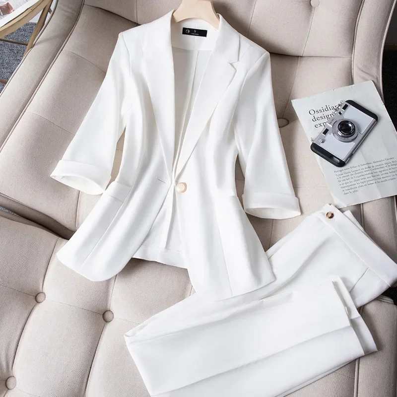Casual Small Suit Jacket Women's Ninth Pants 2025 Summer Thin Korean Version Fashion Slim Cropped Sleeve Office Wear Women
