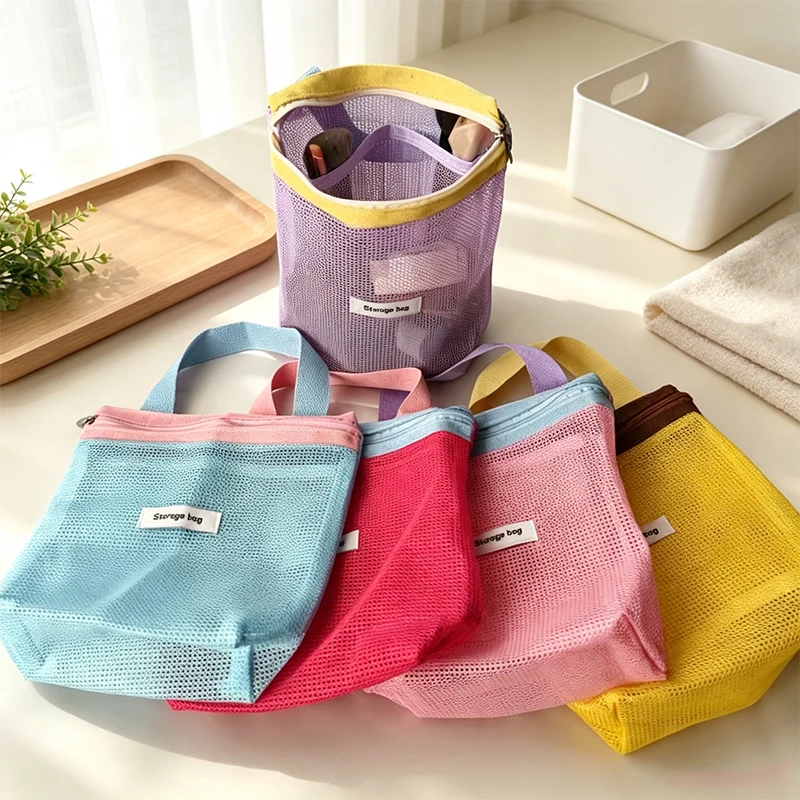 Women's Storage Bag Ins Style Vibrant Bright Color Summer Mesh Tote Bag Cosmetic Bag Handbag Foldable Portable Toiletry Bag