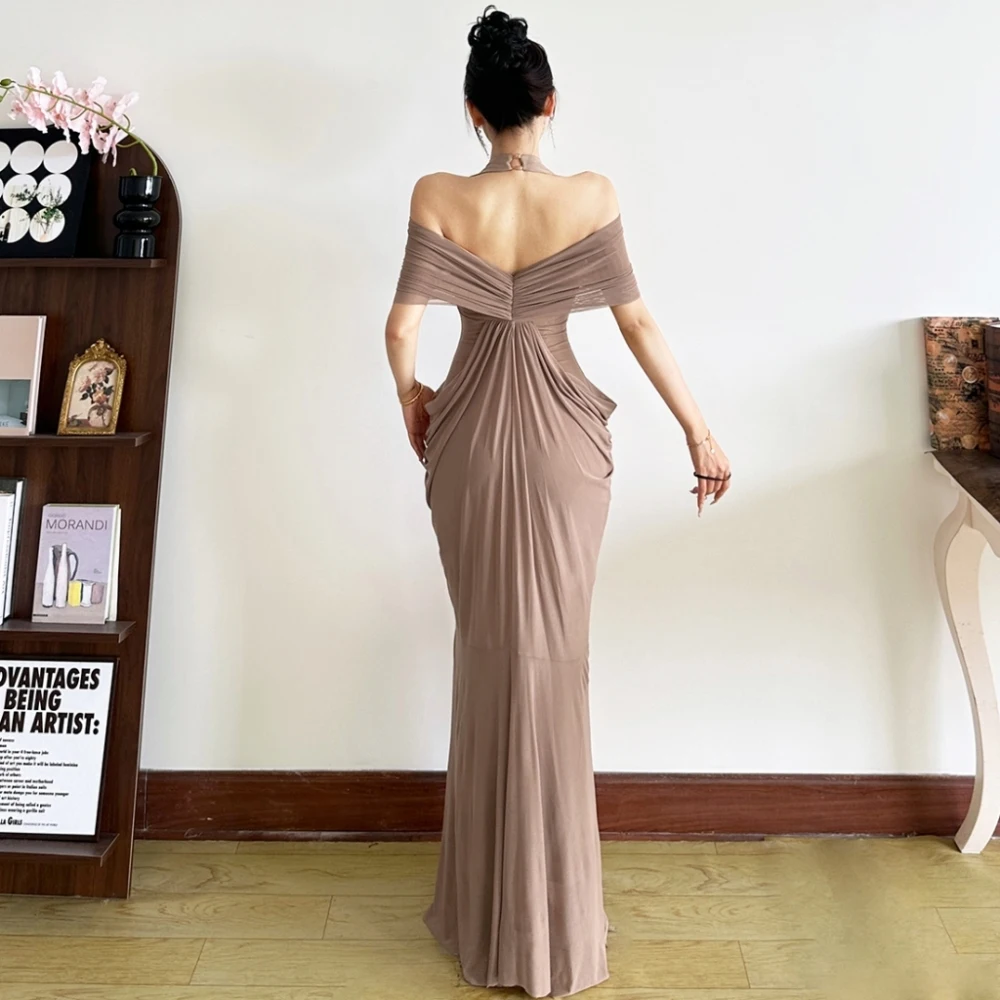 SylCue – robe longue en métal pour femmes, décoration en maille, Patchwork, col licou, dos nu, slim, portefeuille, hanche, bal de promo, froncée, élégante