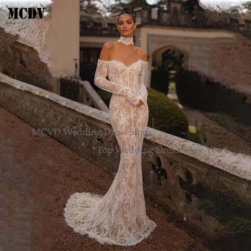 

MCDV 2026 Sexy Long Sleeves Full Lace Handmade Beaded Sheath Mermaid Wedding Dresses Custom Made Vestido De Noival