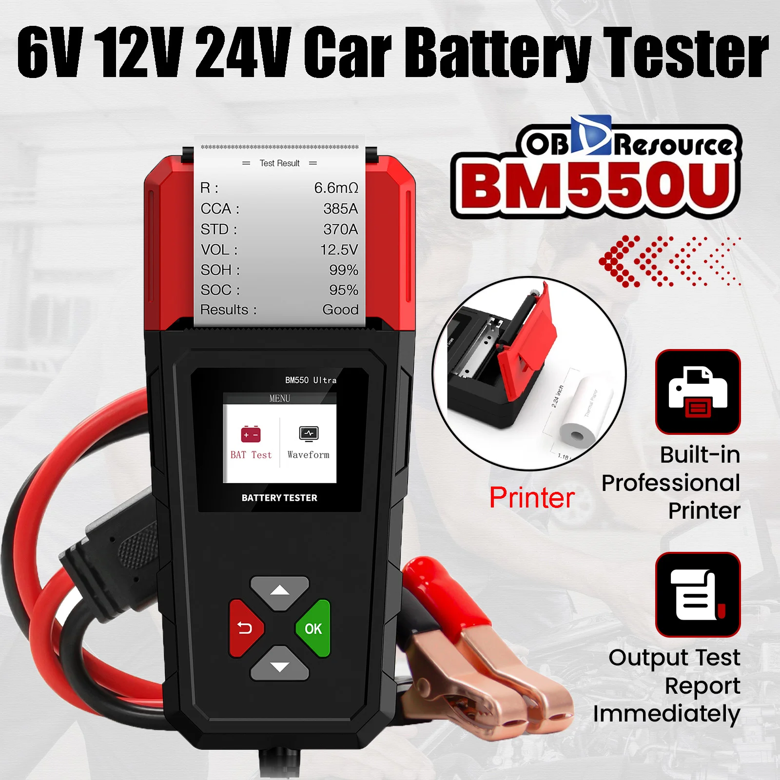OBDResource Car Battery Tester BM550U 6V/12V/24V 100-2000CCA Lead-Acid Battery Load Tester 1.8