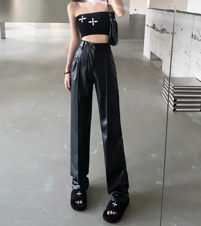 

High Waist Straight Loose Casual Wide Leg Black Leather Pants Trousers Y2k Pant Pantalones De Mujer PU Streetwear Sexy 2024 Fall