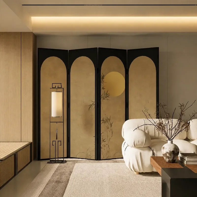 New Chinese Style Folding Screen Movable Room Divider for Living Room Entrance Tea Room Bedroom Bedside Bamboo Moon Design