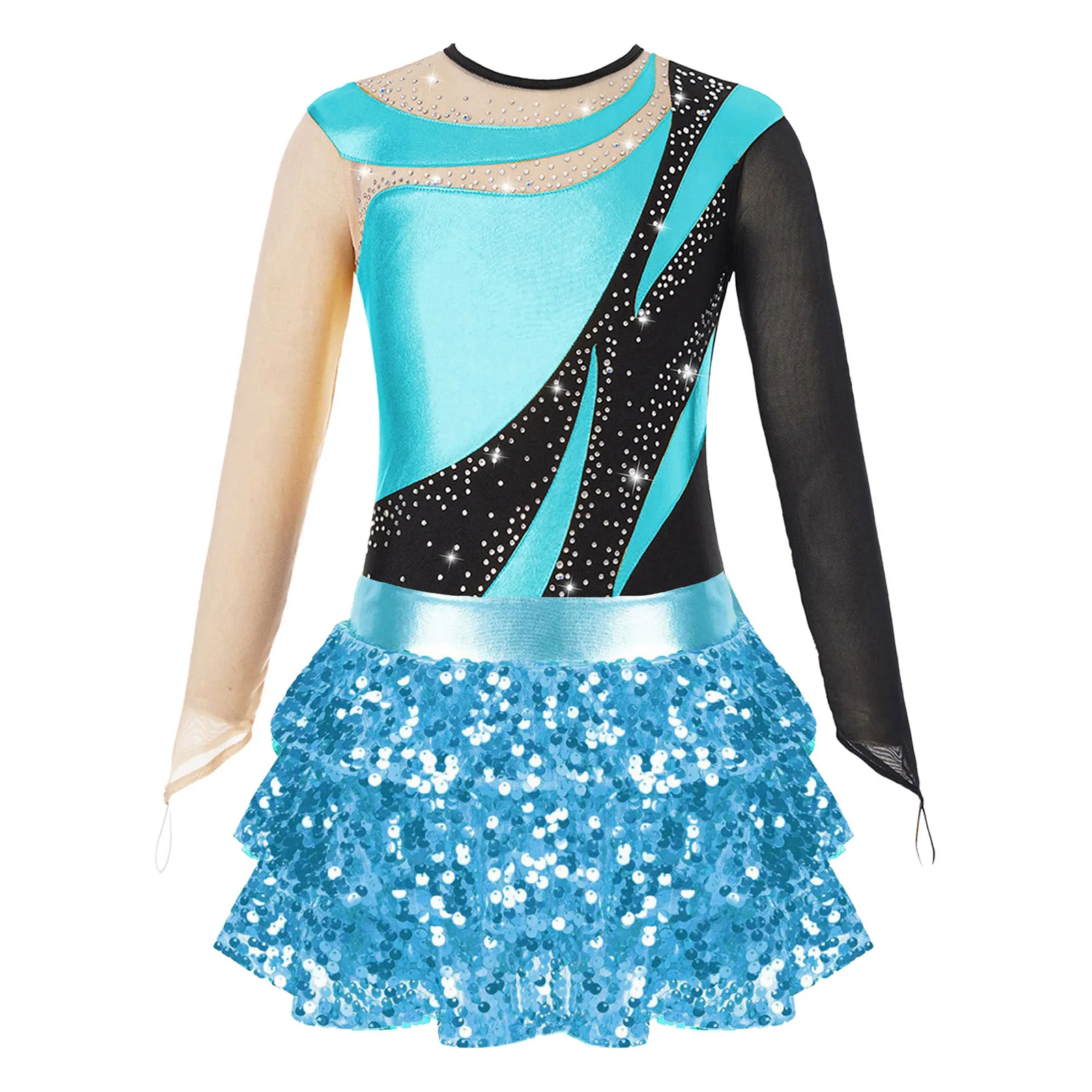 Justaucorps AqLeotard à manches longues avec paillettes brillantes pour enfants, short à jupe pour filles, combinaison de patinage artistique pour