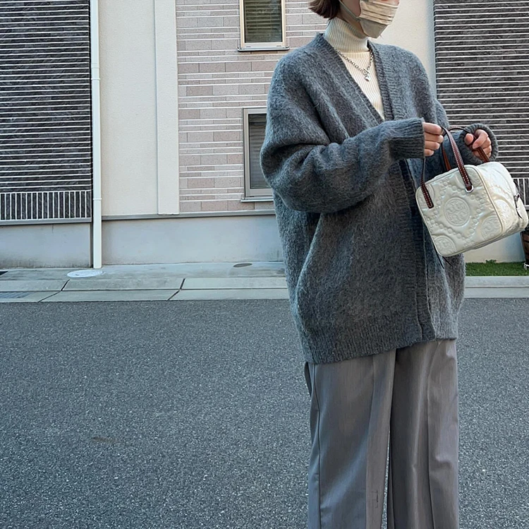 Pull japonais à col en V pour femme, cardigan en tricot simple, haut classique, veste mince, gris décontracté, automne et hiver