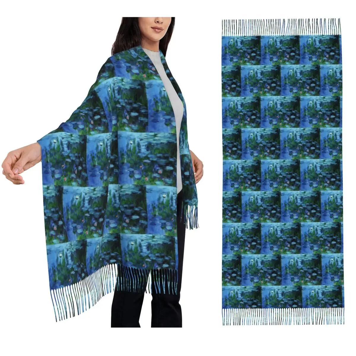 

Female Long Water Lilies Claude Monet Scarf Tassel Scarves for Women Soft Warm Shawls and Wraps Long Fall Winter Shawl Wrap