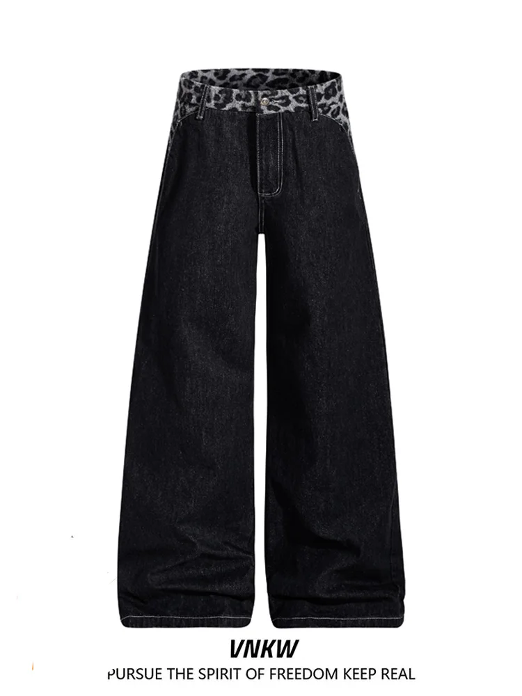 

Модные джинсы с леопардовым принтом, оригинальные рабочие брюки из коровьей кожи, мужские прямые широкие джинсы в стиле High Street Cleanfit