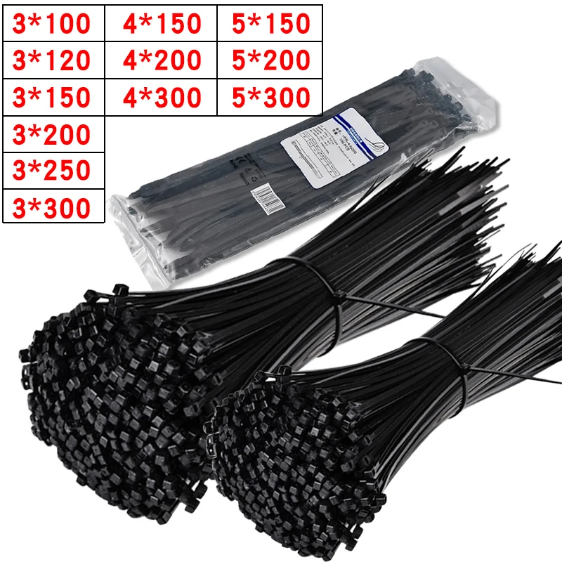 500/1000PCS Self-locking Plastic Nylon Tie Black Zip Wraps Strap Nylon Cable Tie Set Fastening Ring Loop Wire Wrap