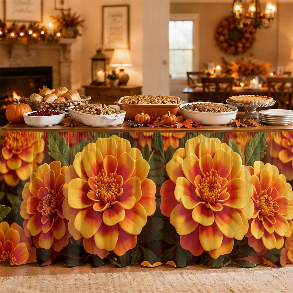 Table skirt / tableskirt, autumn, warm tones, Halloween, Thanksgiving, floral pattern, orange-yellow gradientxzj