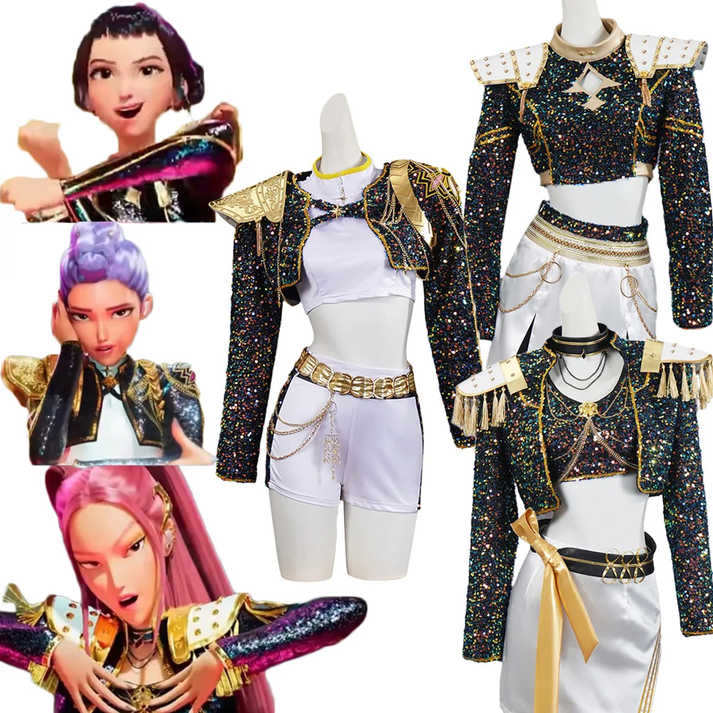 

Kid Girls Kpop Demon Hunter Rumi Cosplay Black Gloden Costume Children Disguise Performance Uniform Halloween Party Dress Up